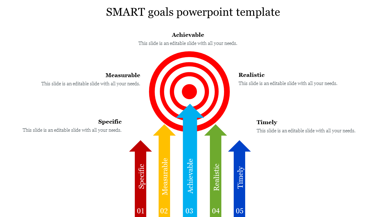 Slide with a bullseye target and five upward arrows in red, yellow, blue, green, and dark blue representing SMART goals.