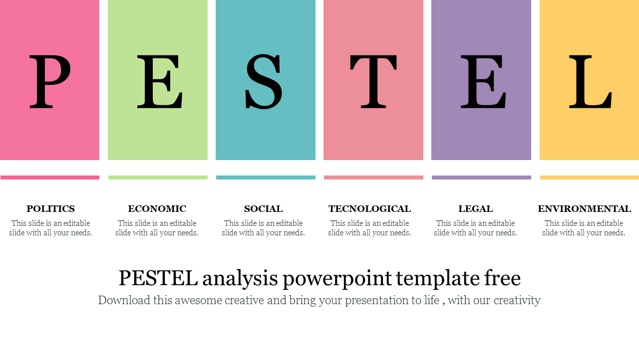 Colorful PESTEL analysis slide highlighting politics, economic, social, technological, legal, and environmental factors.