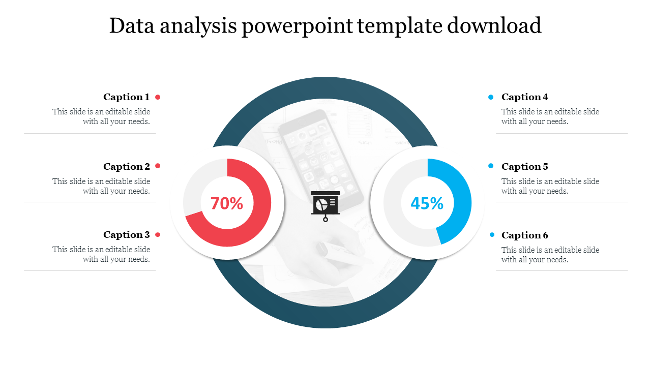 Data analysis template with two circular progress charts displaying 70% and 45% and six labeled captions with text area.