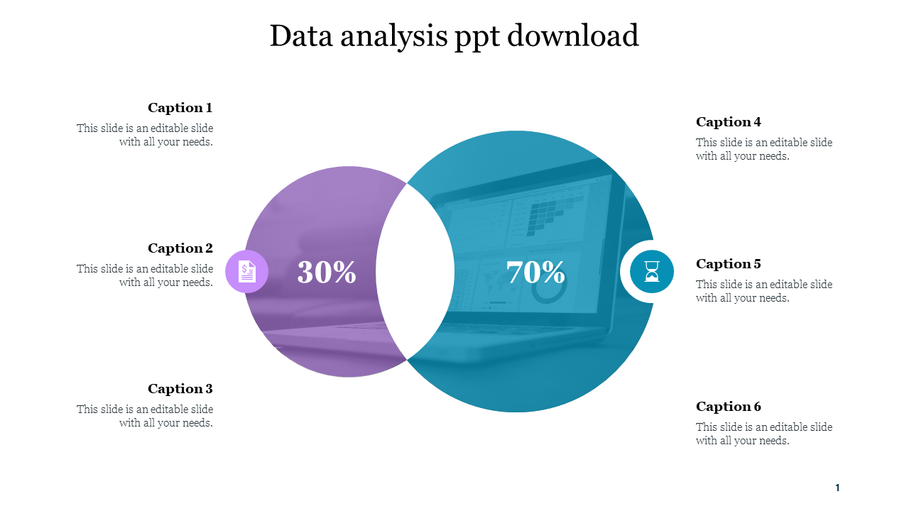 Data analysis slide featuring a Venn diagram with two overlapping circles representing data metrics with captions.