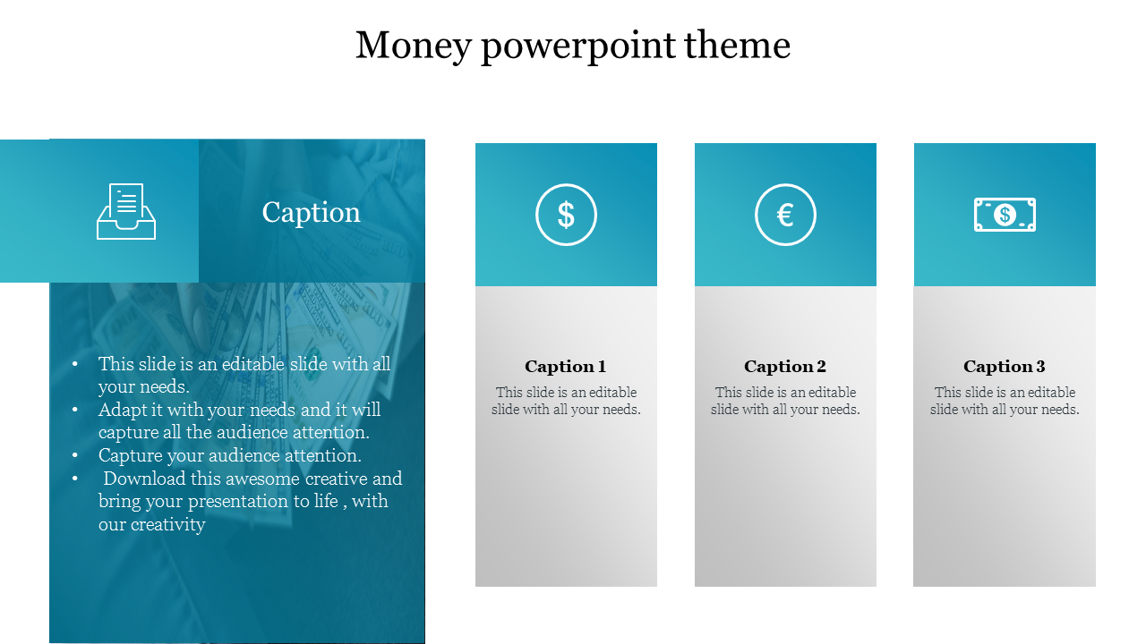 Money-themed slide with a large caption area on the left and three currency icon sections on the right.