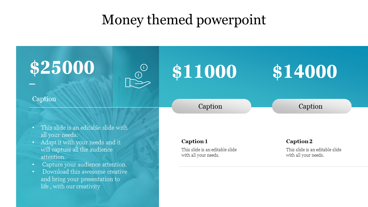 Money themed slide featuring three financial figures on a blue gradient overlay, with a background image of dollars.