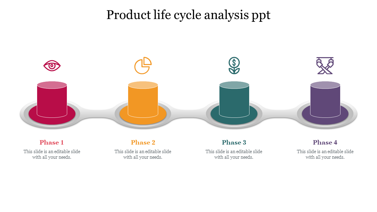 Four-step product life cycle chart featuring colored cylindrical shapes with icons and placeholder text below each phase.