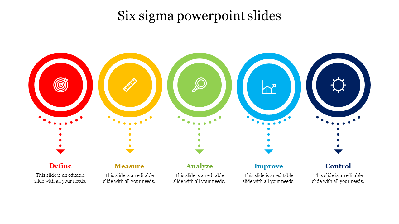 Six sigma infographic with five circular icons in red, yellow, green, blue, and dark blue, and a dotted line leading to text.