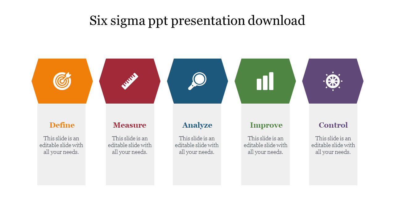 Five colored hexagons in a row, each with an icon, progressing from orange to purple, representing six sigma stages.