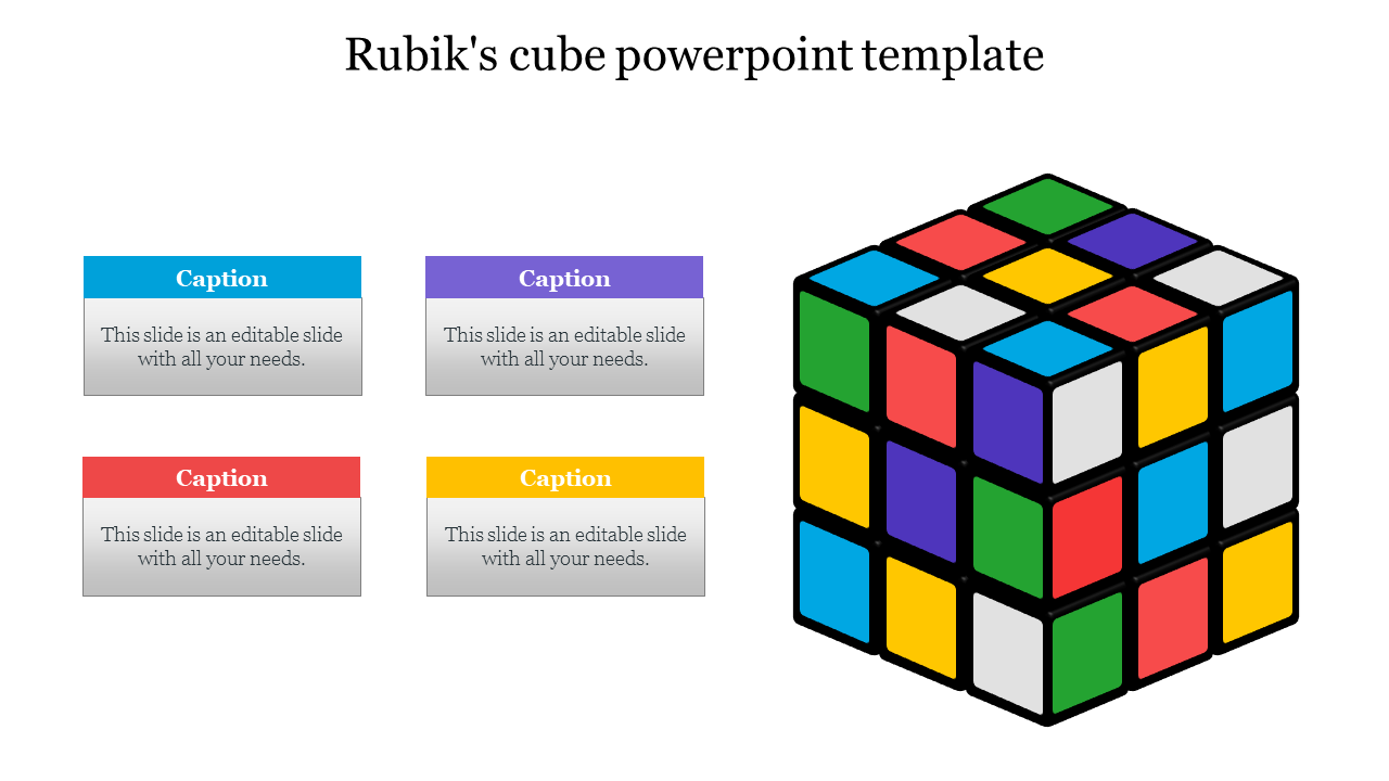 Colorful Rubik's cube illustration and four colored rectangular text boxes on the left, arranged in two rows.