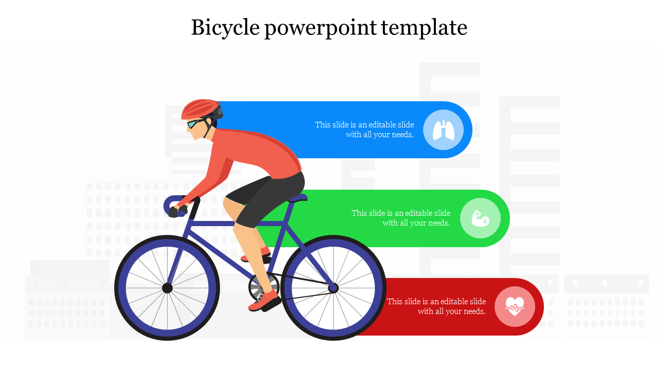 Illustration of a cyclist riding cycle with three colored text boxes in blue, green, and red, on the right.