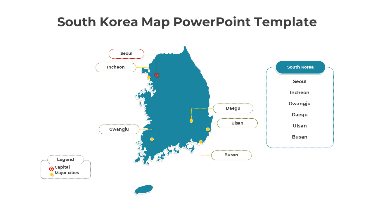 Teal map of South Korea with yellow and red dots marking cities, connected by dotted lines and labels on the right side.