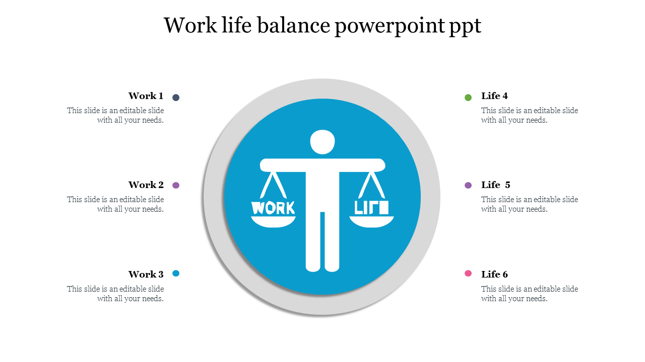 A slide showing balance with a person balancing work and life on scales, with numbered work and life sections.