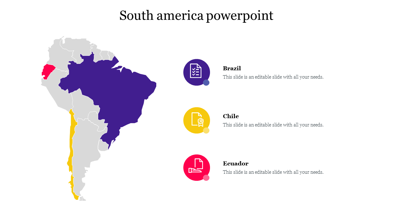 Map of South America, featuring Brazil, Chile, and Ecuador in bold colors, with labeled sections and icons to the right.