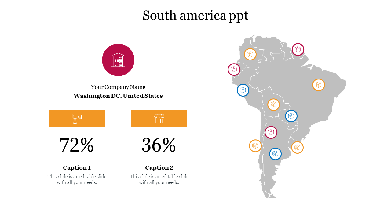 South America map with colored location icons, company data, and percentage statistics displayed.