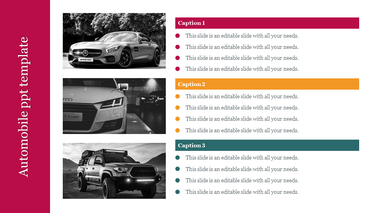 Automobile template with three car images in black and white, accompanied by color-coded captions.