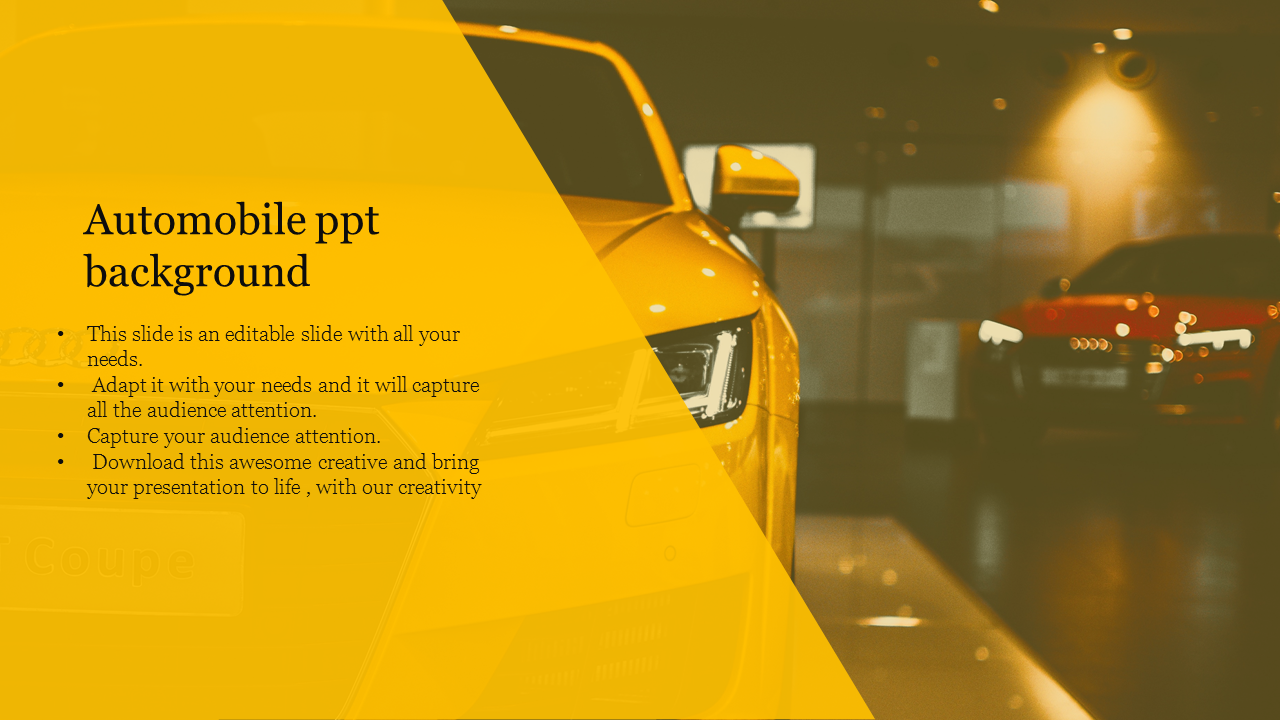 Automobile themed slide featuring a yellow luxury car in a showroom setting with a transparent text overlay.