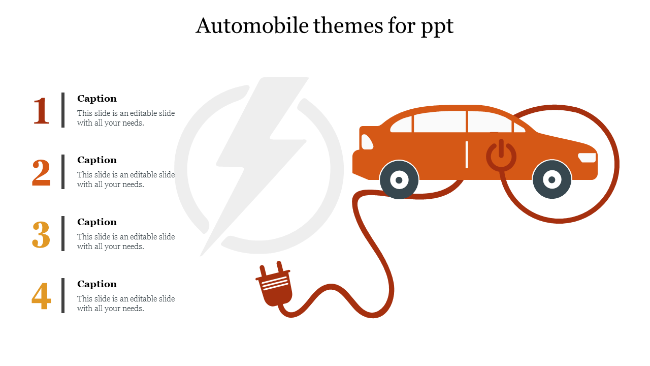 llustration of automobile themes showing an electric car connected to a plug, with four numbered captions on the left.