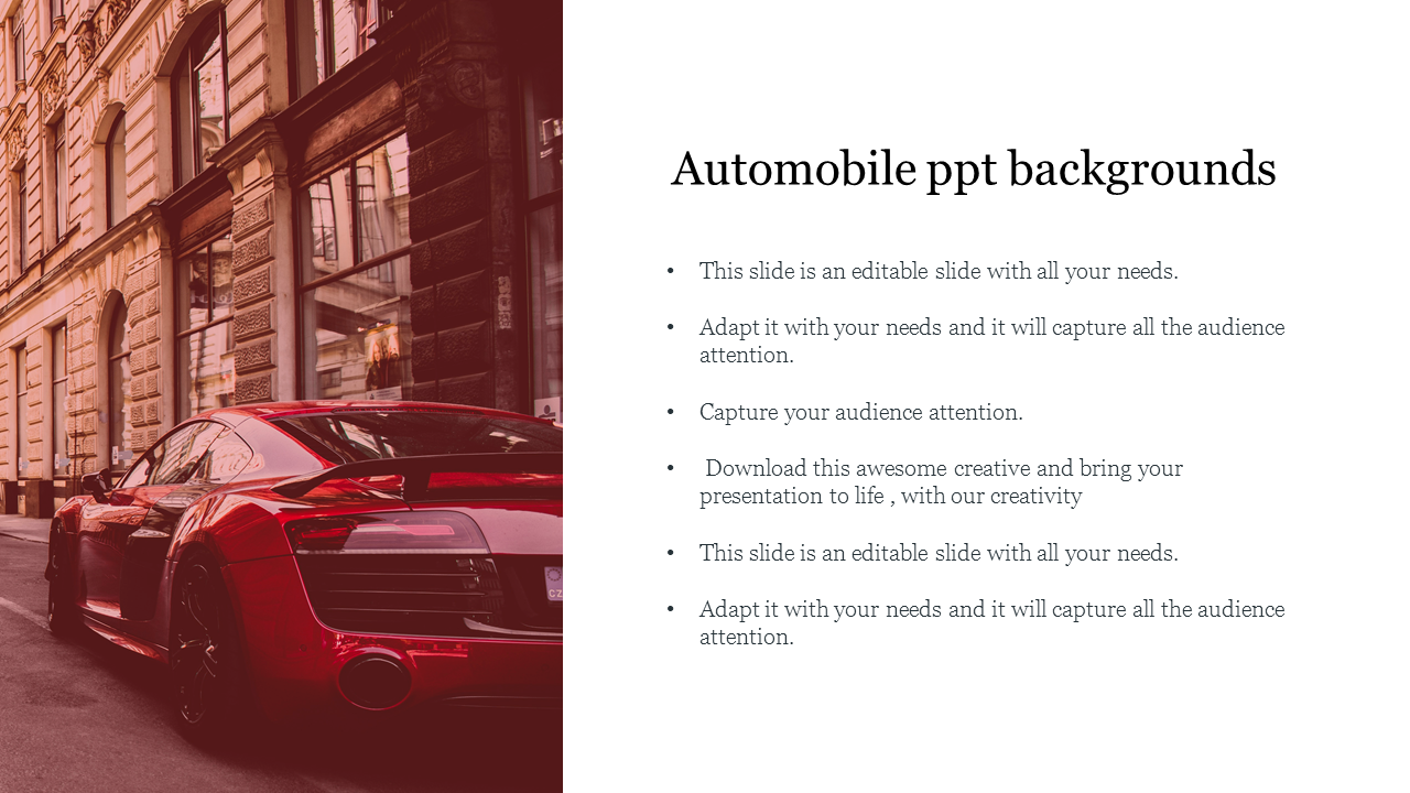  Red high-performance automobile vehicle on a classic city street, paired with text space on the right. 