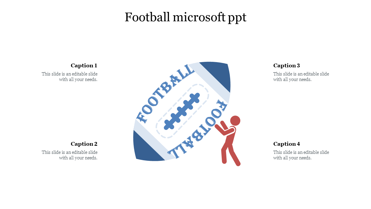 Football themed Microsoft PowerPoint slide with a large football illustration and space for captions.