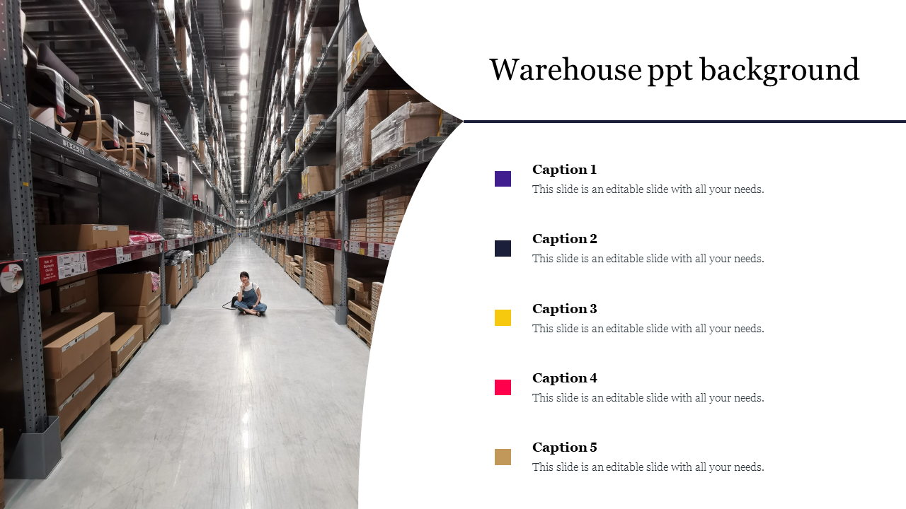 Warehouse interior with rows of stacked products, a person sitting in the aisle, and caption sections aligned to the right.