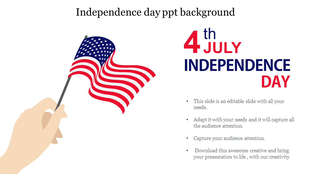 4th of July Independence day PowerPoint background with hand holding American flag and text.