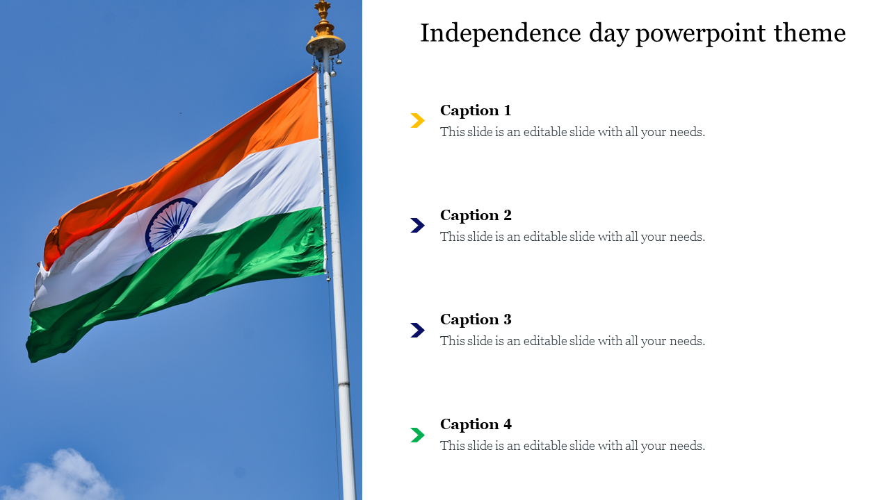 Independence day PowerPoint slide with Indian flag waving and four caption areas for text.