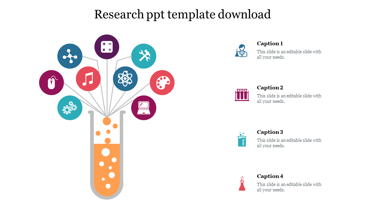 Test tube illustration with bubbles rising, connected to eight research-related icons, with four caption areas.