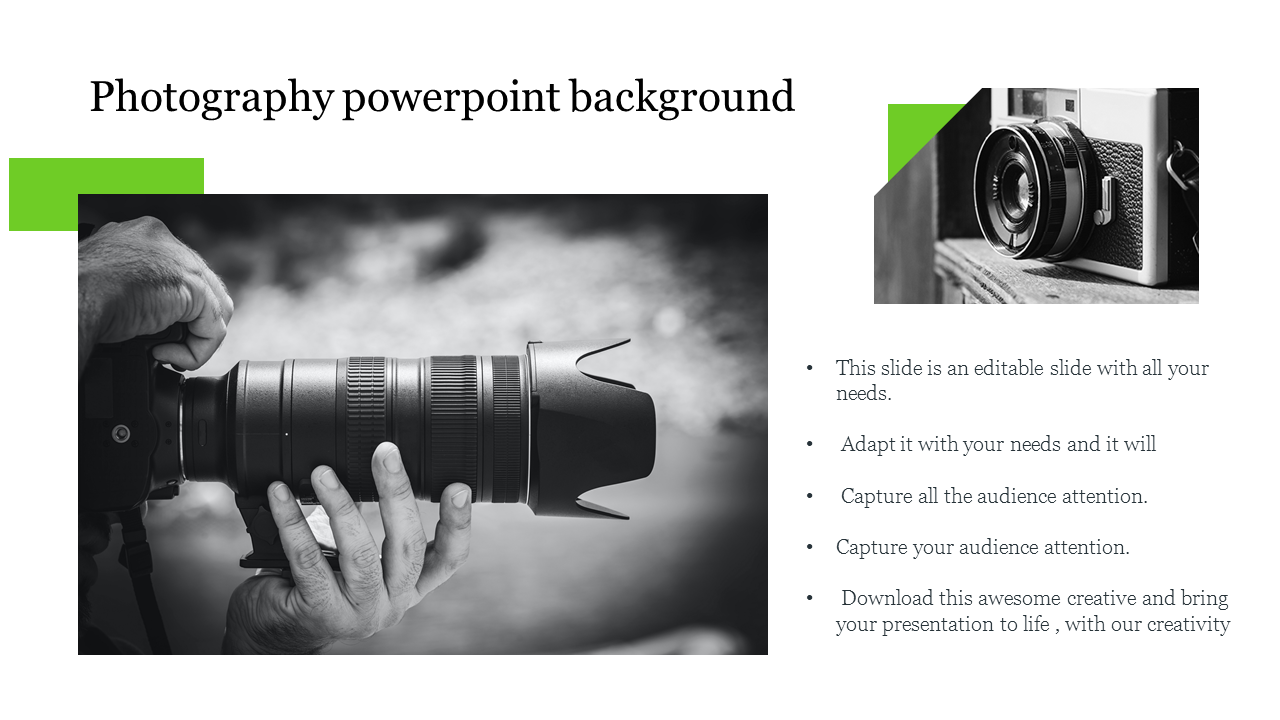 PowerPoint slide with a photography theme featuring a camera lens and text boxes for content.