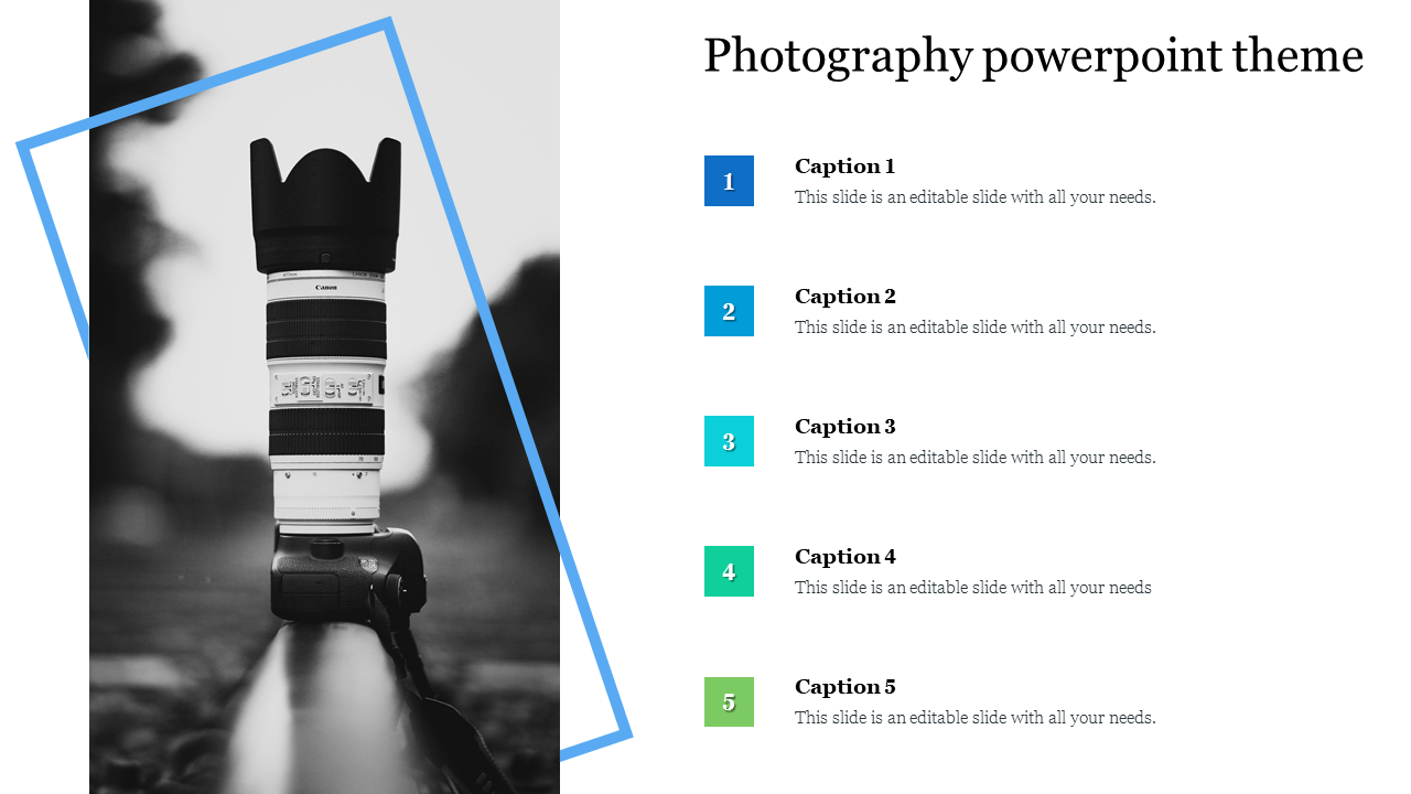 Photography PowerPoint template featuring a Canon camera with a large lens and text placeholders.