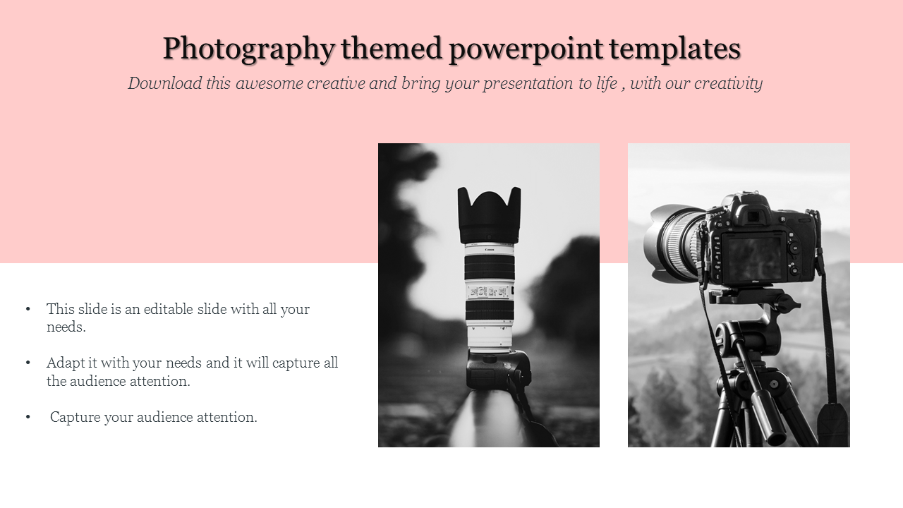 Photography themed PowerPoint slide with black and white images of cameras and a pink background with text area.