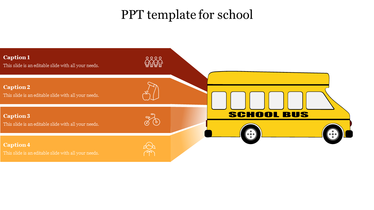 School themed PowerPoint slide with a yellow school bus and four colorful sections for different topics with icons.