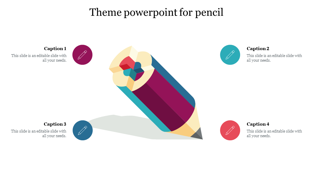 Colorful pencil illustration in the center with four circular icons in red, blue, teal, and orange positioned around it.