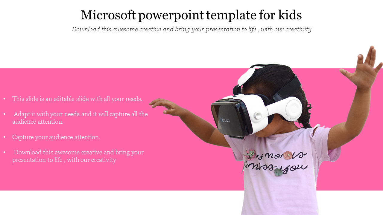 Child in a virtual reality headset reaching out, set against a pink background with text sections on the left.