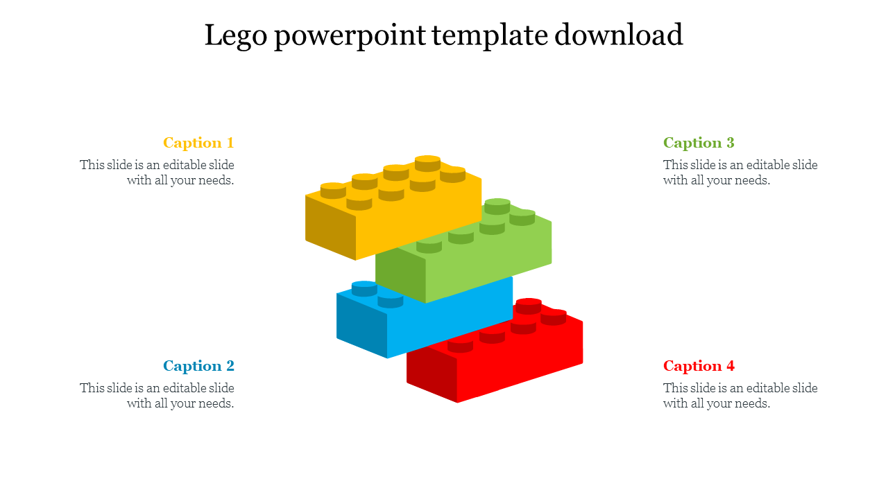 Four stacked lego blocks in red, blue, green, and yellow, with captions placed in each corner.