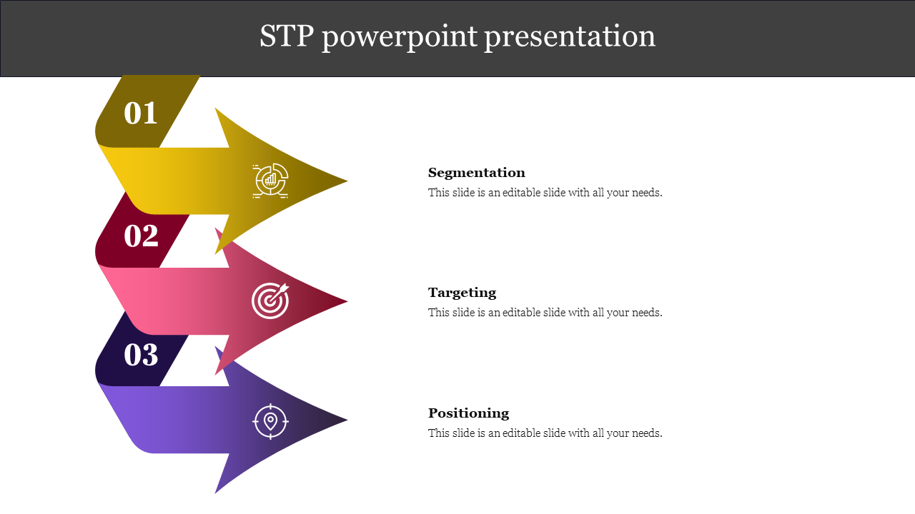 Vertical layout of STP marketing steps using gradient arrows, icons, and descriptive text on a dark header slide.