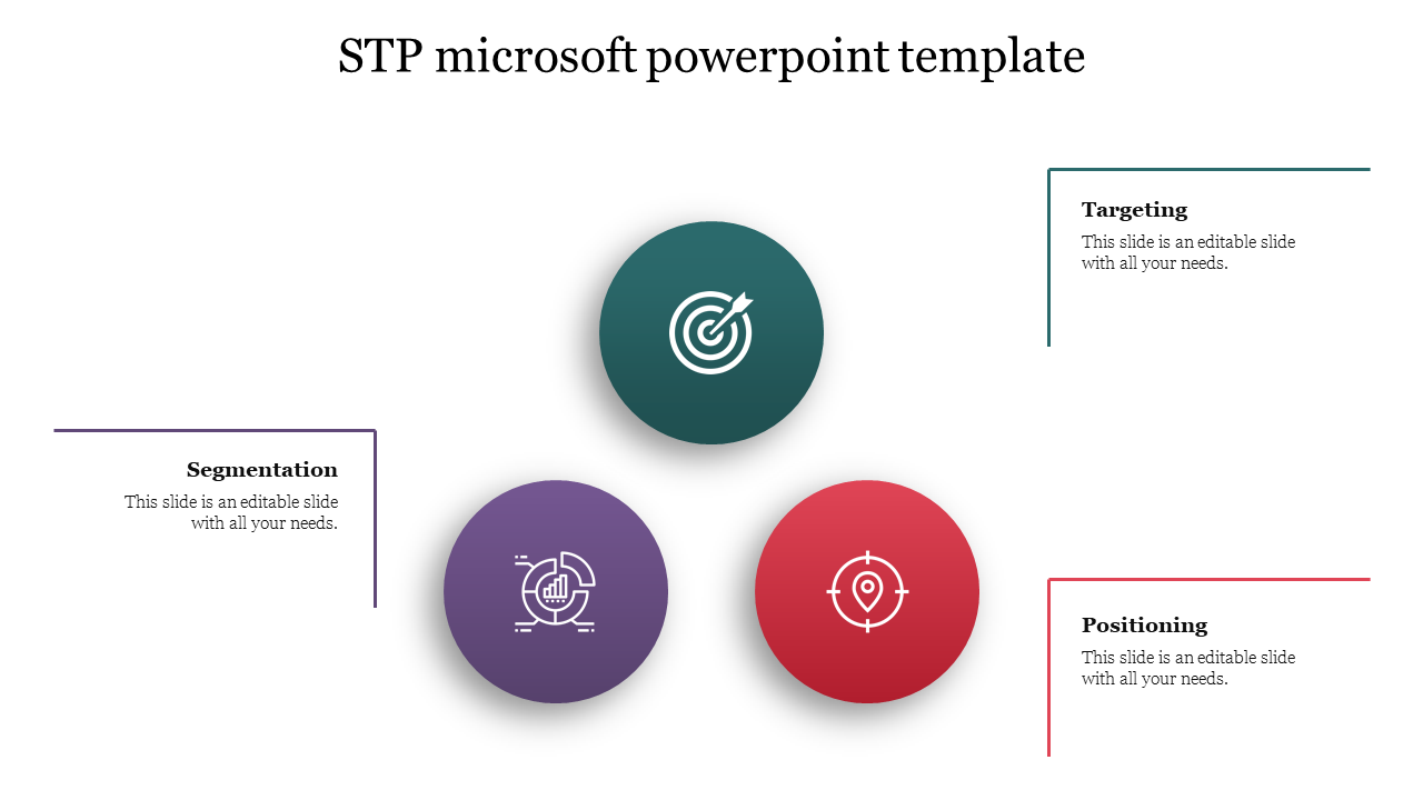 STP slide with circular icons in purple, green, and red, each linked to text boxes with simple black labels.