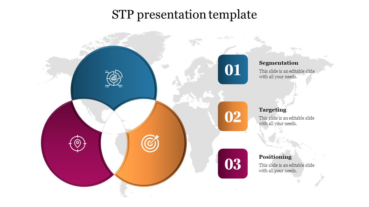 Overlapping circles illustrating segmentation, targeting, and positioning with icons and a world map backdrop.