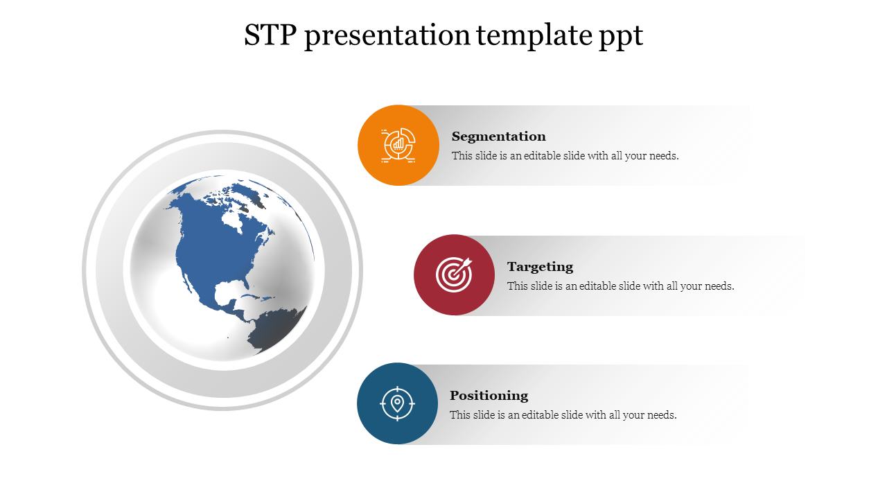 STP presentation template with a globe image and sections for Segmentation, Targeting, and Positioning with icons.