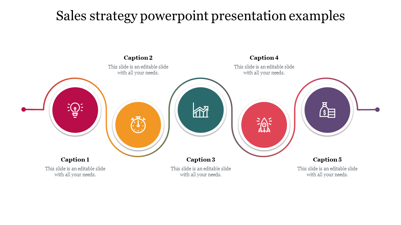 Sales strategy PowerPoint slide with circular icons representing ideas, time, growth, progress, and finances with captions.