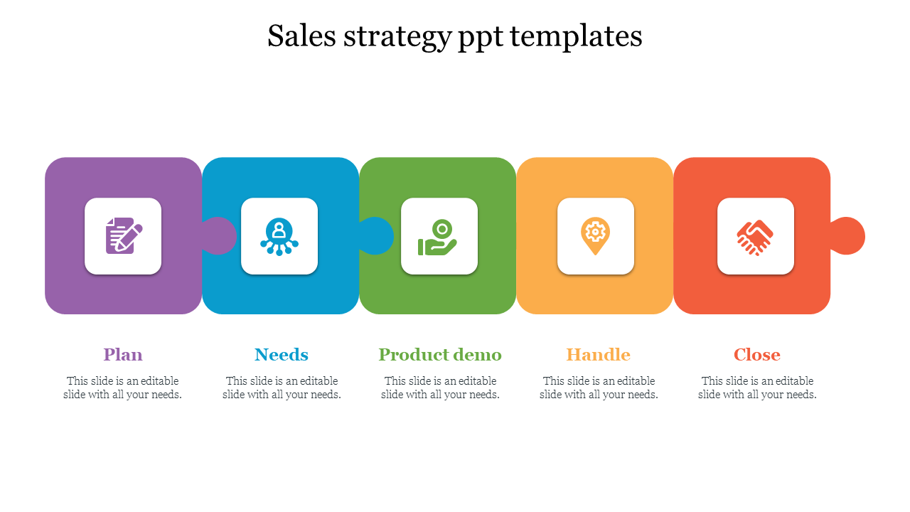 Sales strategy PowerPoint template with puzzle like sections representing different stages and icons with placeholder text.