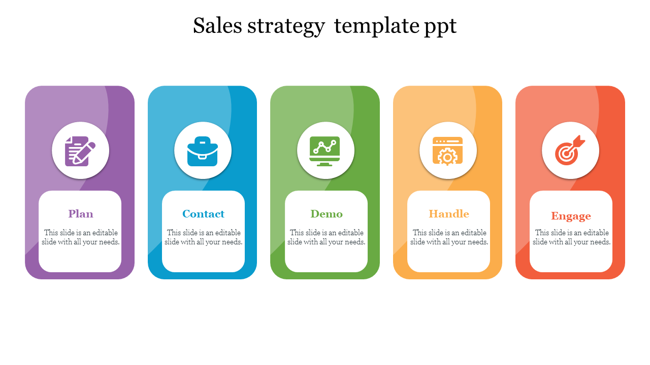 Sales strategy template featuring five pillars in purple, blue, green, yellow, and red, with icons and descriptions.