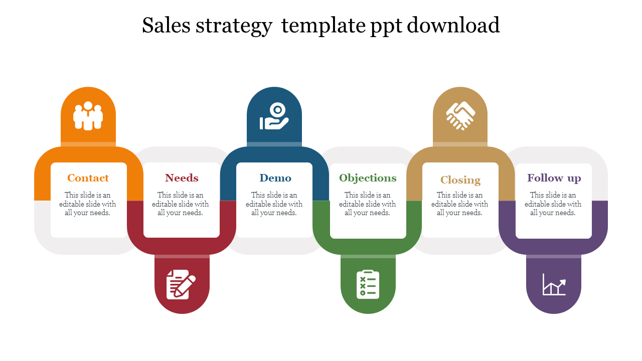 Sales strategy PPT template shows six stages with corresponding colorful icons and placeholder text on a white backdrop.