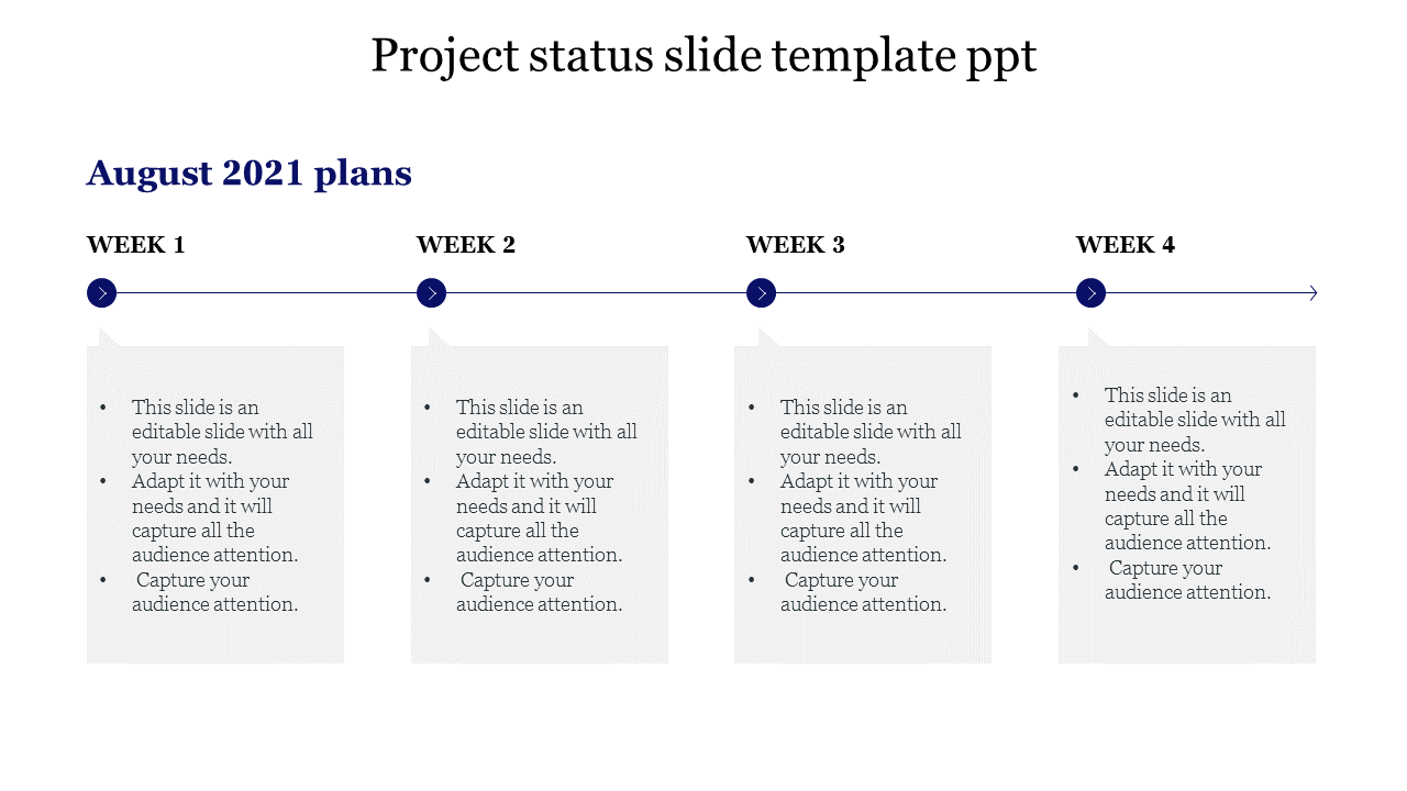 Project status PPT slide with a timeline showing four weeks, each with text boxes for project plans on a white backdrop.