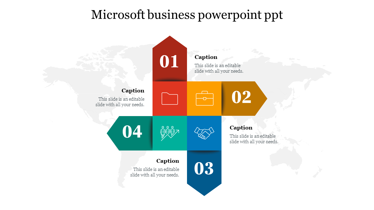 Microsoft business slide showing a four-arrow layout with numbers and icons on a subtle world map background.