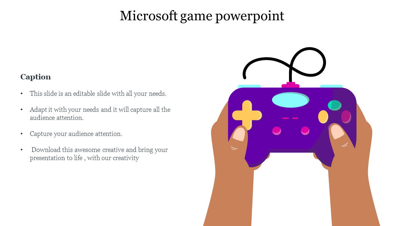 Microsoft PowerPoint slide with a hand holding a purple game controller and a caption.