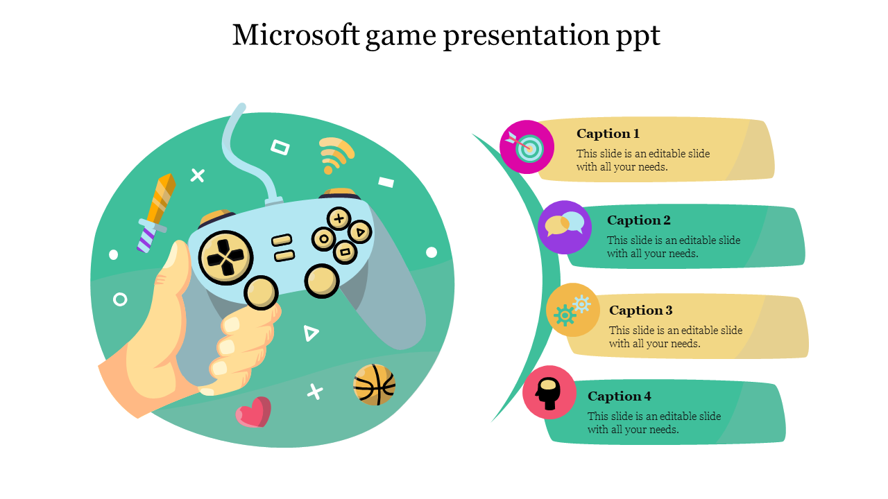 A hand holding a Microsoft game controller with four caption boxes, showcasing different icons and placeholder text.