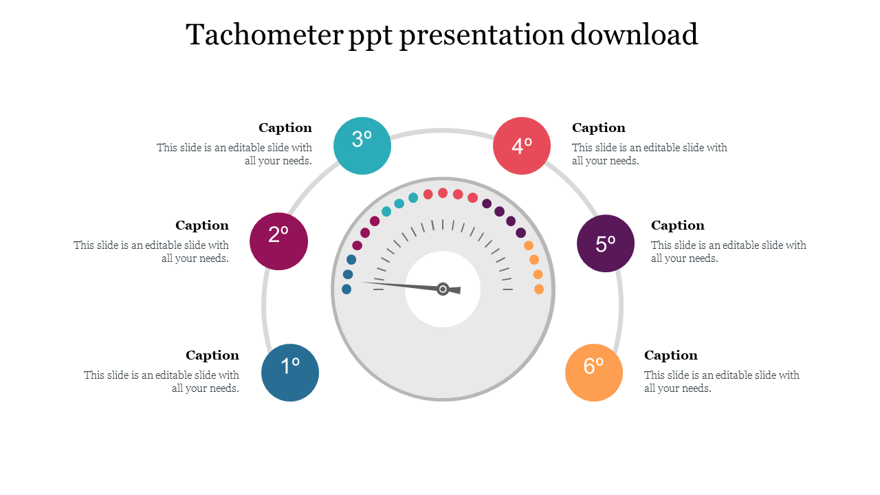 Central tachometer gauge surrounded by six numbered circles in blue, red, teal, orange, purple, and yellow, in an arc layout.