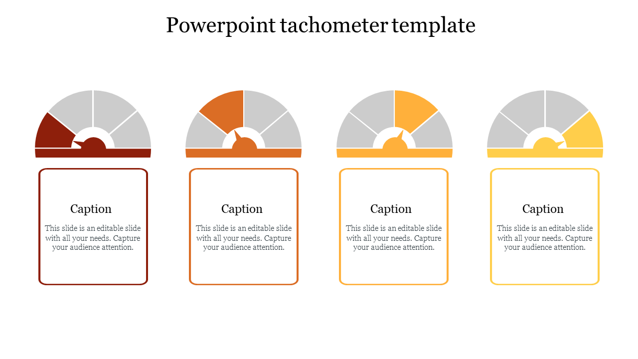 Tachometer PPT template featuring four gauge designs with sections in different colors and caption boxes below each.