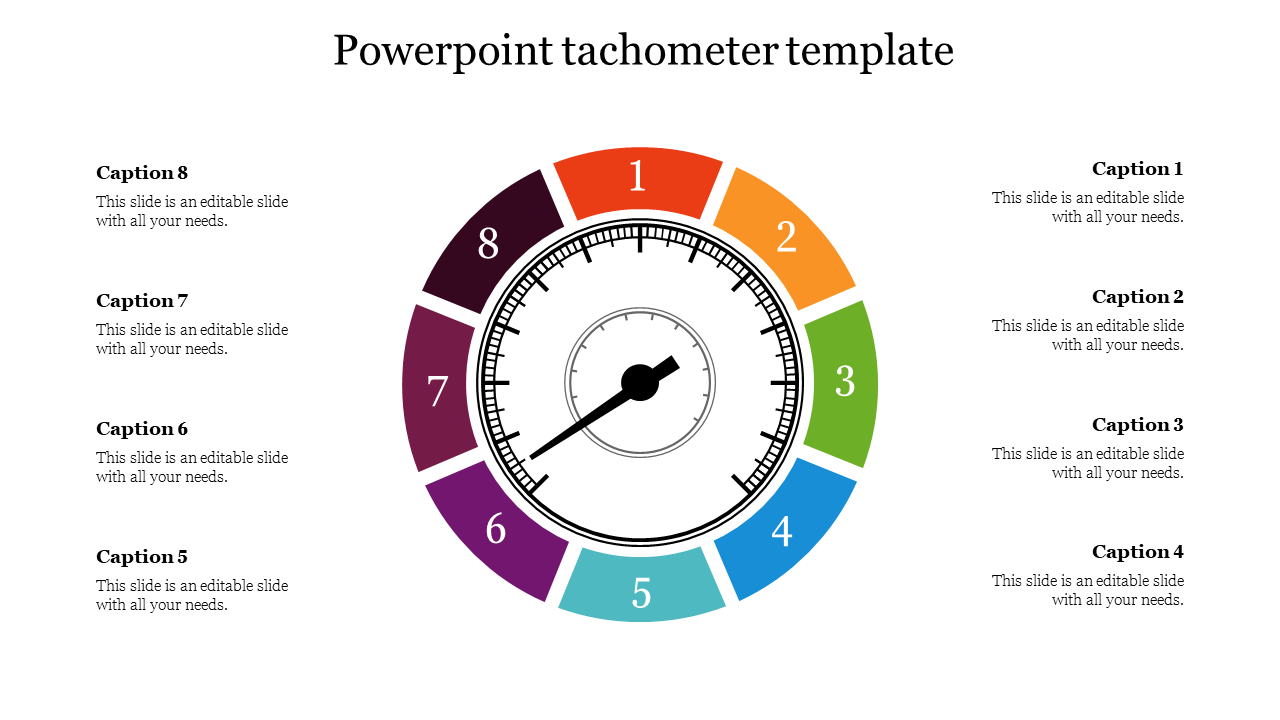 PowerPoint slide with a tachometer graphic showing numbers 1 through 8 in different colors, with placeholders for captions.