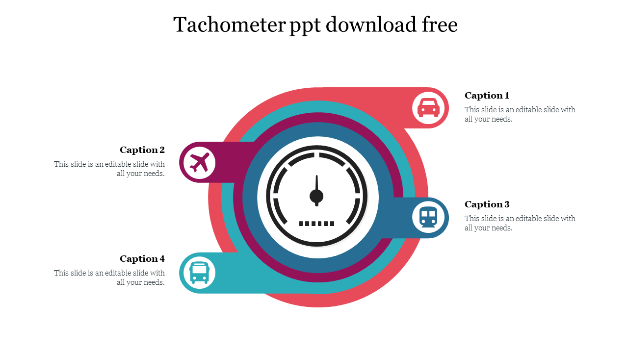 Colorful tachometer PowerPoint slide design with transportation icons including airplane, car, bus, and train with captions.