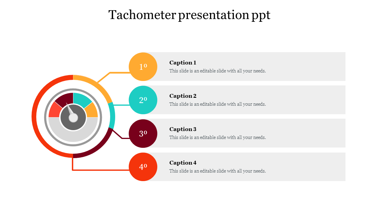 Tachometer PowerPoint template with four stages featuring colorful gauges and caption areas on a white backdrop.