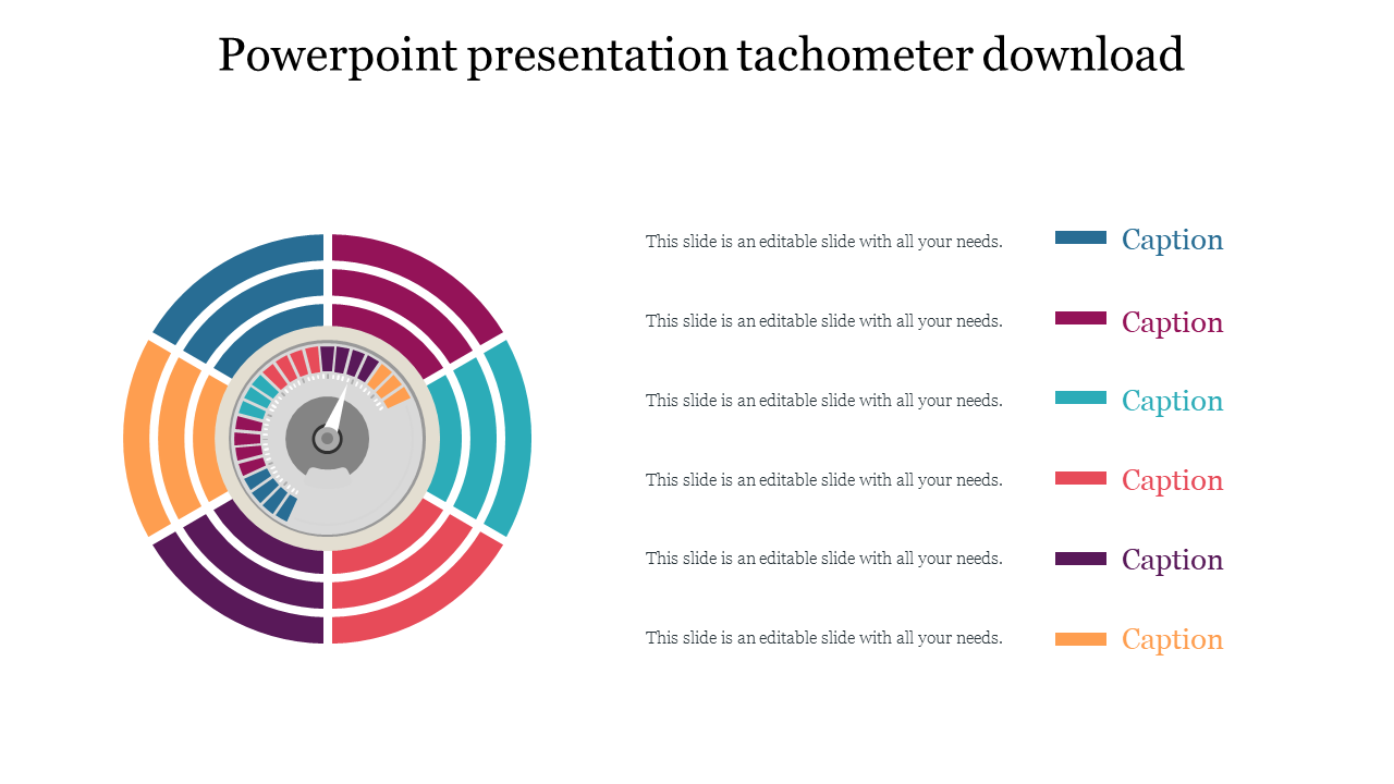 Circular tachometer design with a central gauge and surrounding colored segments, each linked to captions on the right.