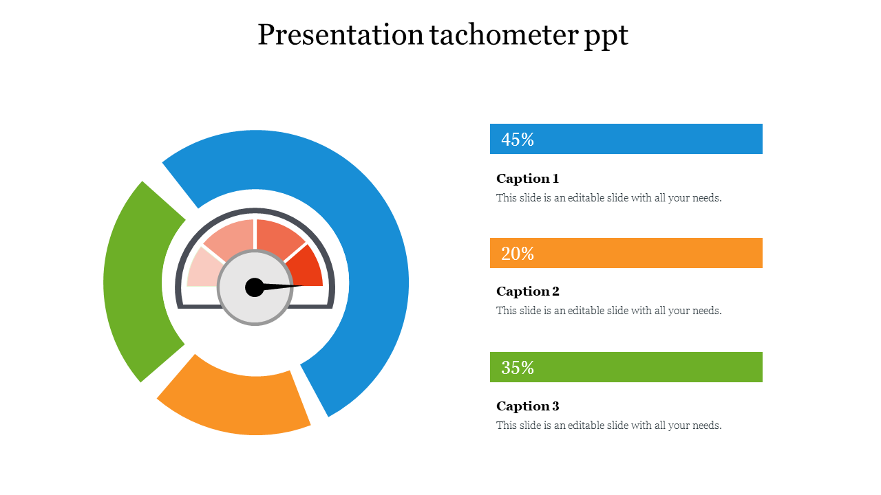 Tachometer PowerPoint slide featuring a colorful gauge with segments labeled with space for captions on a white backdrop.